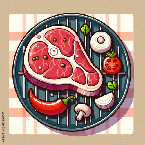 A colorful illustration of a steak and vegetables arranged on a griddle, perfect for a delicious BBQ meal.