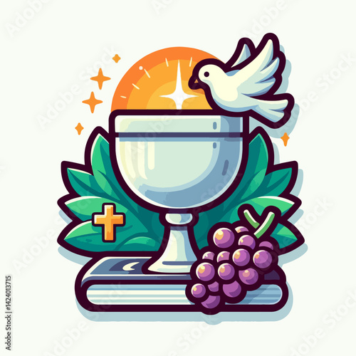 Religious graphic design featuring a chalice, a dove, grapes, and a book, meant to depict a Christian religious ceremony.
