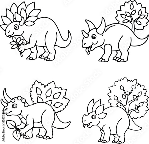 Cute cartoon triceratops dinosaurs outlines with plants and trees coloring page