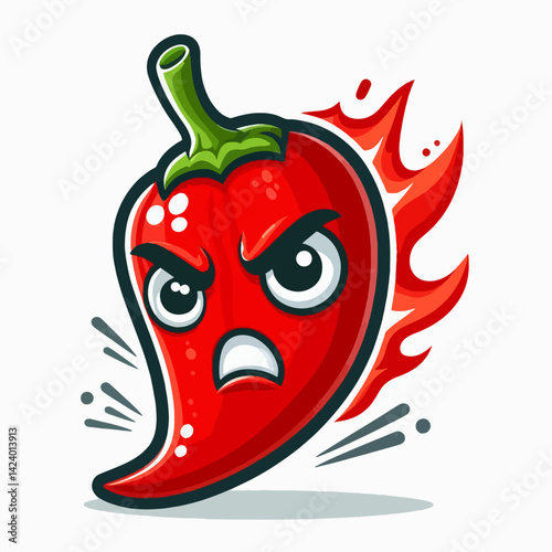 A cartoon depiction of an angry chili pepper with flames.