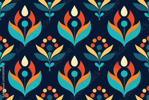 Seamless Floral Pattern with Colorful Geometric Flowers on Navy Background