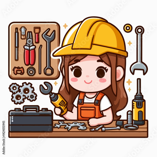 A cartoon depiction of a female technician, in work attire, using tools at a workbench.