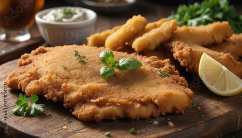 Crispy Fried Fish Fillet with Fresh Herbs and Lemon Slice on Board