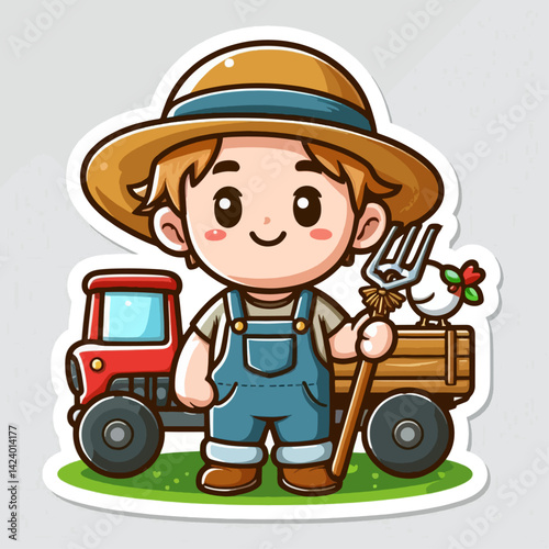 A cheerful cartoon boy farmer in overalls and a straw hat, holding a pitchfork and a wooden cart with a chicken, next to a toy tractor, set against a grassy background.