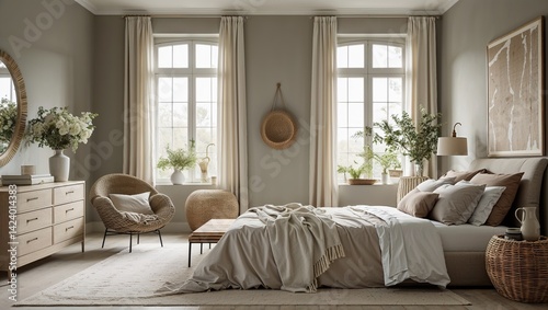Soft muted hues and natural materials make this bedroom serene