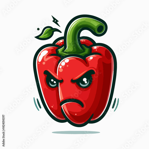 A caricature illustration of an angry red bell pepper with exaggerated features.