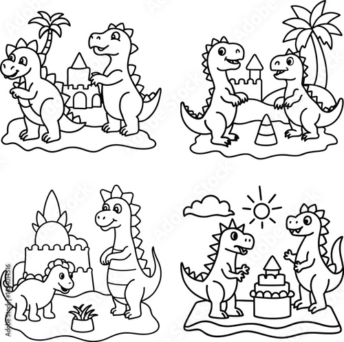 Cute cartoon dinosaurs playing and building sandcastles line art vector illustrations