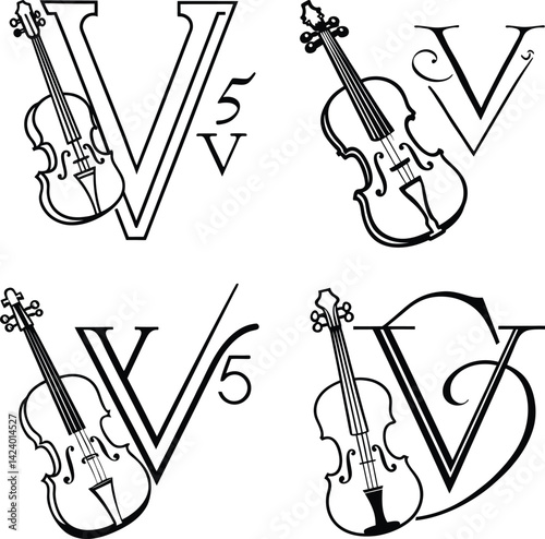Black and white musical letter v violin instrument variations