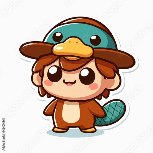 A digitally drawn, kawaii cartoon boy wearing a platypus costume, designed in a cute style.