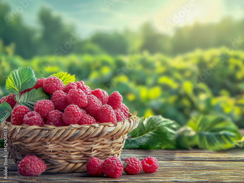 Freshly picked raspberries rest in a beautiful basket on a wooden table, set against a softly blurred backdrop of a vibrant green landscape, inviting a touch of nature's bounty