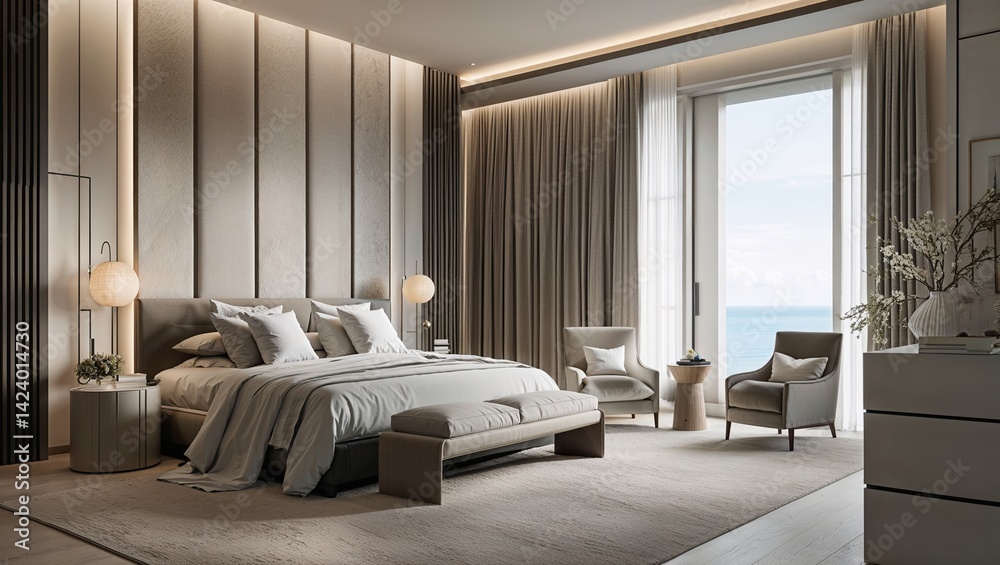 Fototapeta premium Soft textures and sharp lines define this tranquil bedroom