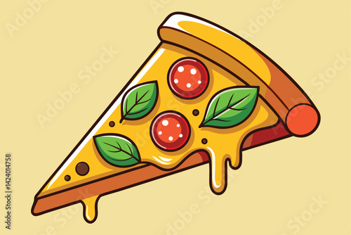 Slice of Pizza Cartoon with Sausage and Basil on Beige Background