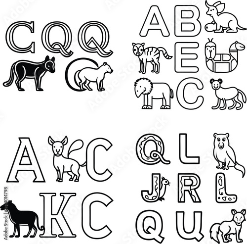 Alphabet learning and animal coloring pages with uppercase letters for kids education