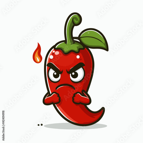 A cartoon depiction of an angry chili pepper, showcasing an aggressive facial expression and stance.