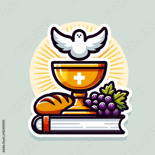 Religious symbols of the Eucharist, including chalice, bread, grapes, and a dove, displayed on a book, signifying Christian worship and sacrament.