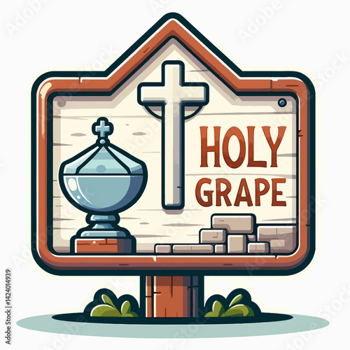 A stylized, cartoonish roadside sign points to a "Holy Grape" destination.  It includes a cross and a basin, evoking a religious or pilgrim site.