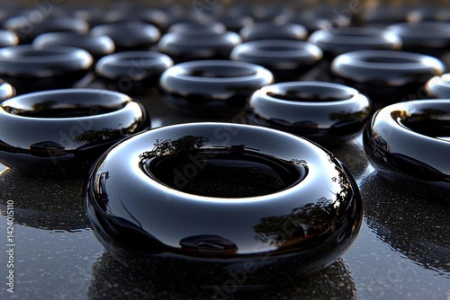 Shiny Black Rings, Reflective Surfaces, Abstract Design, Dark Background, Metallic Texture, Glossy Finish, Geometric Shapes, Circular Patterns, Modern Art, 3D Rendering