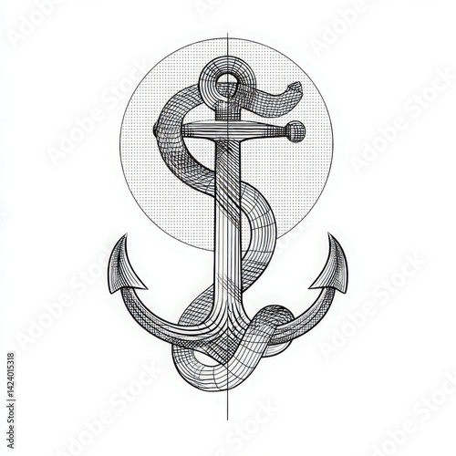 Line art anchor illustration with geometric shading, symbolizing maritime and nautical themes. Perfect for tattoo design, apparel, posters, and logo elements.