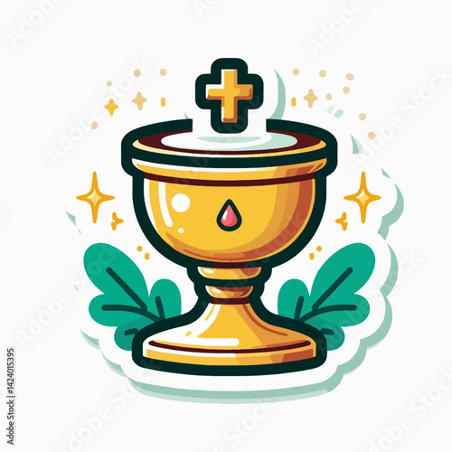 A stylized, cartoonish representation of a golden chalice, frequently used in Christian religious ceremonies, overlaid with decorative elements and placed on a white background.