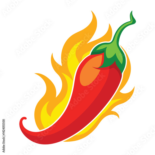 Spicy Red Chili Pepper With Green Stem and Fiery Flames on White Background