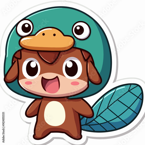 A cartoon platypus wearing a platypus-themed costume, displaying an excited expression.