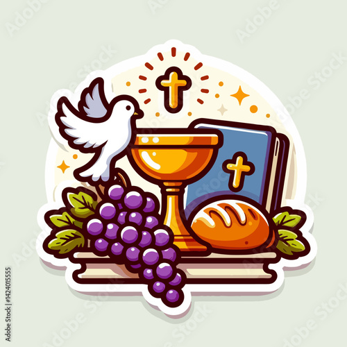 A cartoon graphic of religious items, including a chalice, bread, bible, and dove, representing holy communion.