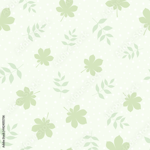 Green leaves silhouettes on a pastel green background. Chestnut and ash tree leaves. Seamless pattern. Vector background for paper, cover, textile, decor.