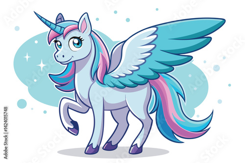 Standing Unicorn With Wings, Horn, Colorful Mane and Tail on White Background