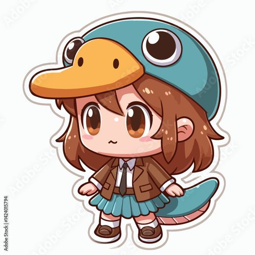 A stylized cartoon depiction of a girl in a school uniform with a duckbill hat.