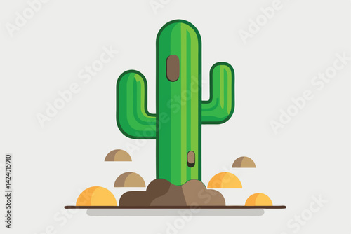 Stylized Green Cactus with Brown Patches and Flat Design Desert Landscaping