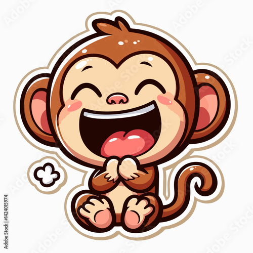 A cartoon monkey, seated and joyfully laughing, with exaggerated features, displayed in a vibrant, simplistic style.