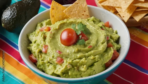 Creamy Guacamole Dip with Fresh Tomatoes and Tortilla Chips