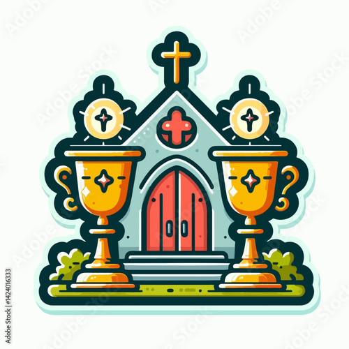 A stylized illustration of a church with two golden chalices, depicting religious imagery.