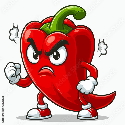 A cartoon representation of a chili pepper, exhibiting an angry expression, in a dynamic stance.