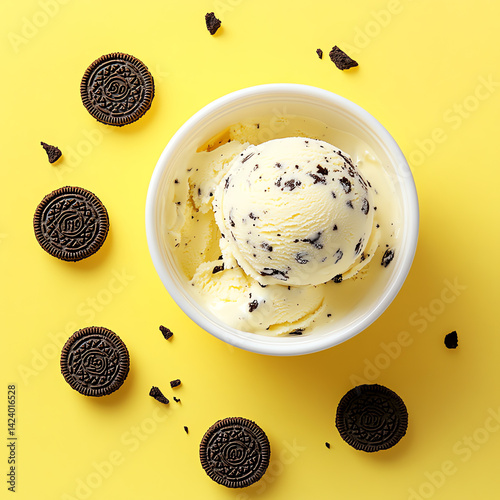 Wallpaper Mural A photorealistic top-view shot of an Oreo ice cream tub on a bright yellow pastel background, with cookies and a creamy scoop in a white bowl. High-resolution Torontodigital.ca