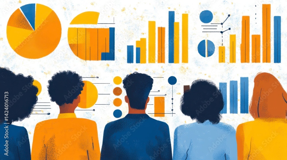 Diverse group of people reviewing data charts, illustrations in yellow and blue tones on white background. Diverse group of people reviewing data charts, illustrations in yellow and blue tones on white background.
