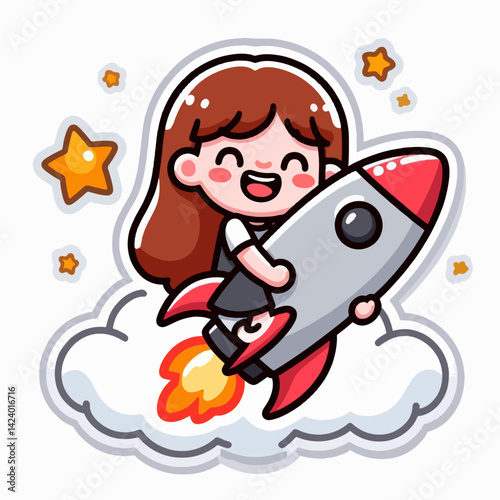 A cartoon girl is joyfully piloting a rocket, ascending amidst stars and clouds.
