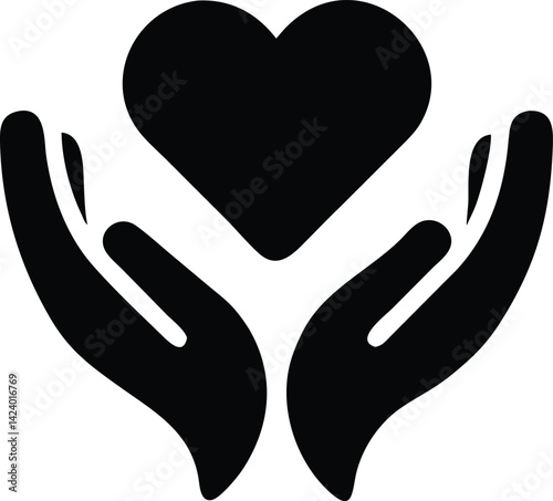 Hands Holding Heart Icon Silhouette, Abstract Care Symbol on Transparent Background
