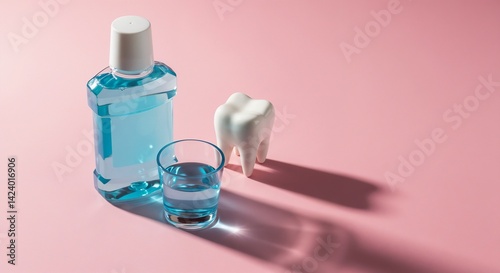A bottle of mouthwash and a glass of mouthwash next to it, along with a model of a tooth, lie on a pink surface, indicating oral hygiene.

 photo