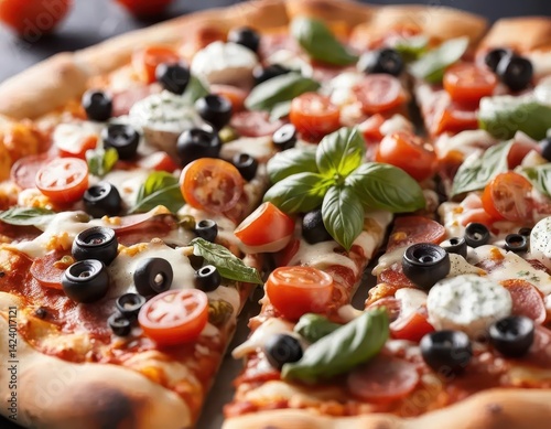 Delicious and Vibrant Slice of Pepperoni Pizza with Fresh Toppings