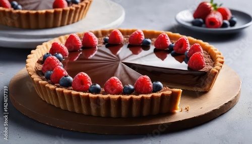 Delicious chocolate tart with fresh berries on a gray table