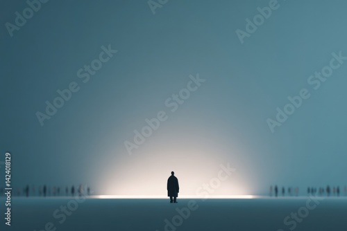 lone figure stands sharply in focus against backdrop of blurred indistinguishable people emphasizing contrast and isolation