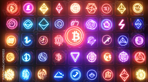 Digital currency symbols in a grid with one