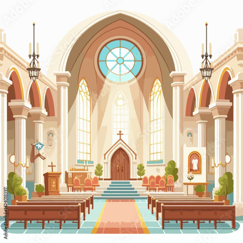 A meticulously detailed illustration of a grand church's interior, featuring stained glass windows, columns, and pews.