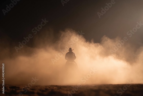 lone rodeo rider kicks up dust in circular arena with ample copy space surrounding scene