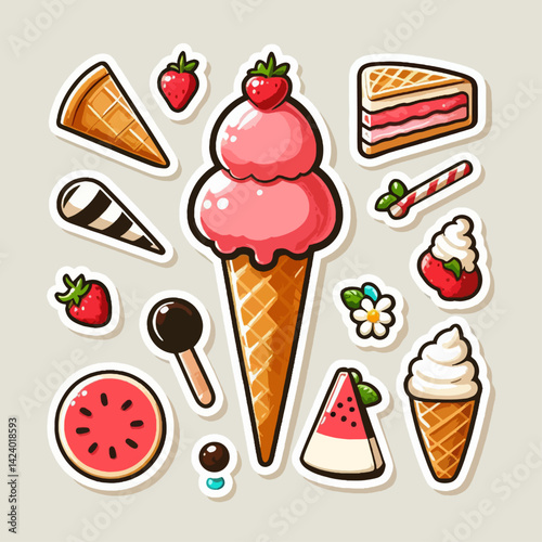 A graphic collection of cute cartoon dessert stickers, featuring ice cream, cakes, and fruit slices. photo