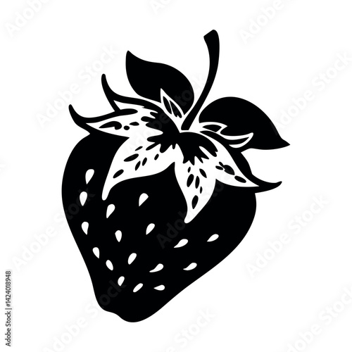 Black and white silhouette of a strawberry with leaf