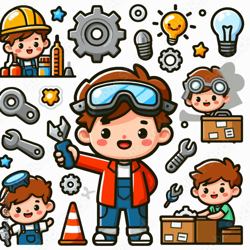 A collection of cute cartoon children, engaged in various construction and repair activities, surrounded by tools and equipment.