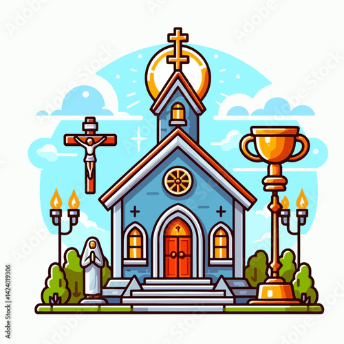 A cartoon depiction of a church, religious artifacts, a trophy, and lush garden surroundings, portraying a sense of faith and accomplishment.