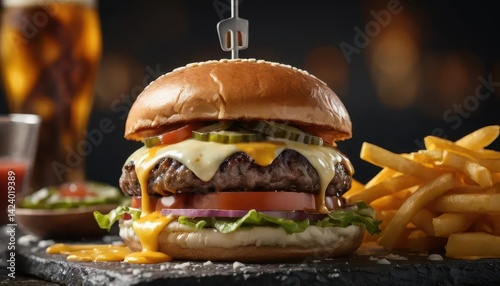 Delicious Beef Burger with Cheese, Vegetables, and French Fries